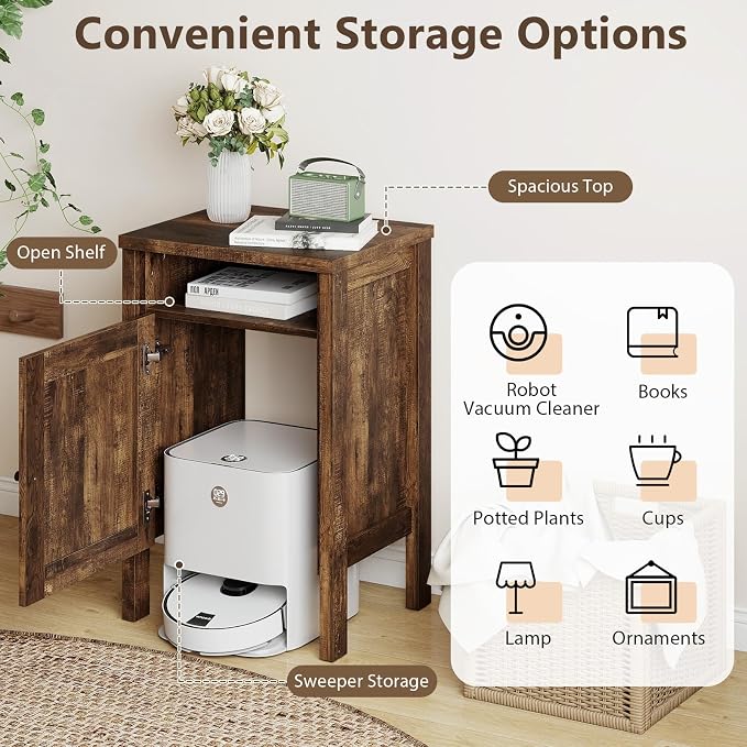Giantex Robot Vacuum Storage Cabinet, Farmhouse End Table with Anti-Tipping Device, Anti-slip Foot Pads, Nightstand, Space-Saving Sweeping Robot Stand for Small Space, Bedroom, Kitchen, Office (Brown)