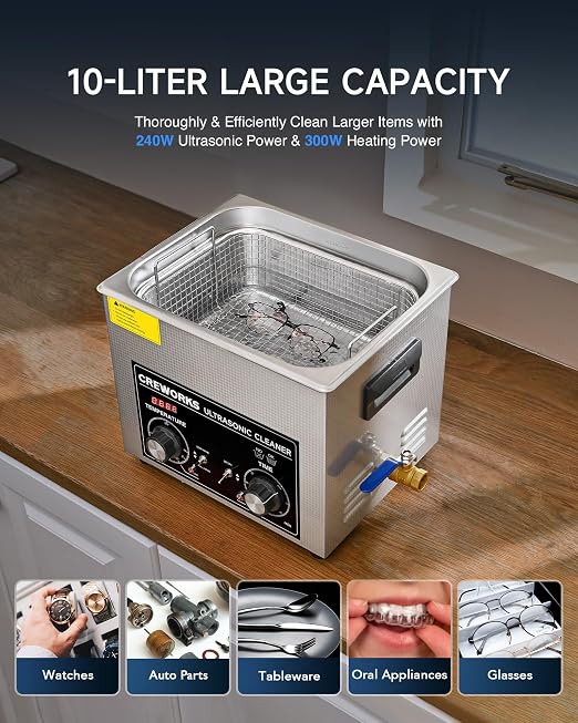 CREWORKS 10L Ultrasonic Cleaner with Heater and Timer, 240W Stainless Steel Ultrasonic Cleaner Machine with Degas & Gentle Modes, Ultrasonic Parts Cleaner with Knob Control for Machine Part Auto Tool