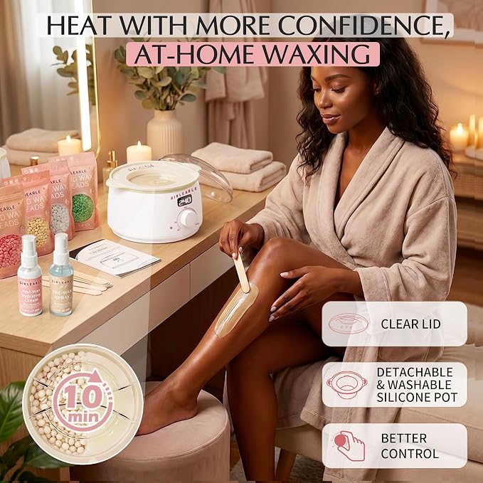 GIRLEARLE White Digital Waxing Kit for Women and Men Sensitive Skin, Wax Warmer Hair Removal at Home with Wax Beads & Silicone Pot, Target Different Types of Brazilian Bikini, Facial, Leg, Full body