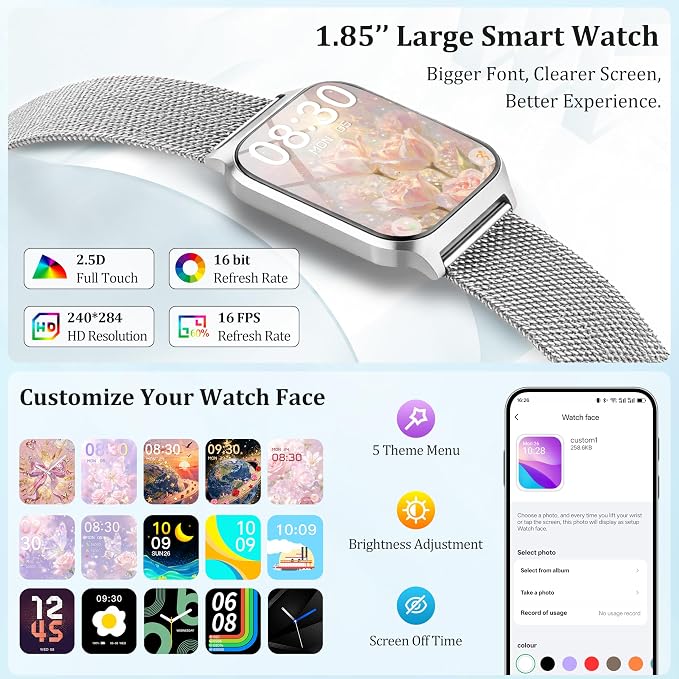 Smart Watch Women Men, 1.85’’ Reloj Inteligente para mujer hombre, Make/ Answer Call, Health Monitor/Blood Pressure, 110+ Sports Modes, Voice Control, IP68 Waterproof Compatible with Android & iPhone