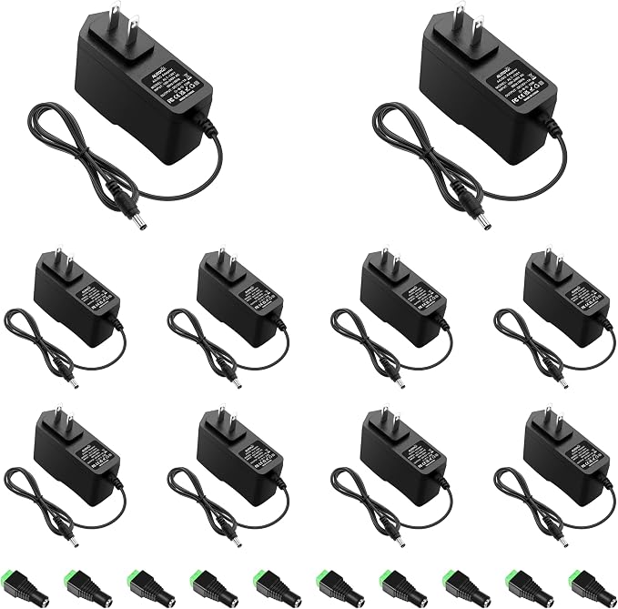 ALITOVE 12V Power Supply 1A AC Adapter 100-240V 50-60Hz to DC 12 Volt Transformer 12W Power Cord 5.5 x 2.5mm/2.1mm Tip for LED Strip CCTV Security Camera DVR NVR System Router (10 Pack)