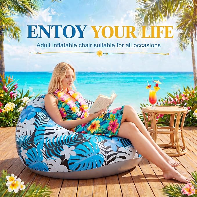Capoda 1 Pack Hawaiian Inflatable Chair with Electric Air Pump, Tropical Leaf Blow Up Sofa for Adults, Portable PVC Lounge Seat for Beach Pool Camping Dorm Reading Gaming Travel Indoor Outdoor, Blue