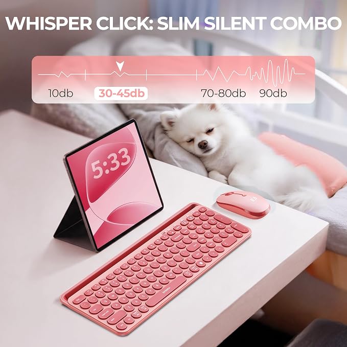 seenda Bluetooth Keyboard and Mouse for iPad, CTU-301 Wireless Multi-Device Connection Bluetooth+2.4G Keyboard Mouse Combo with Tablet Holder for iPad/MacBook/Windows, iOS/Android/Phone, Coral Pink