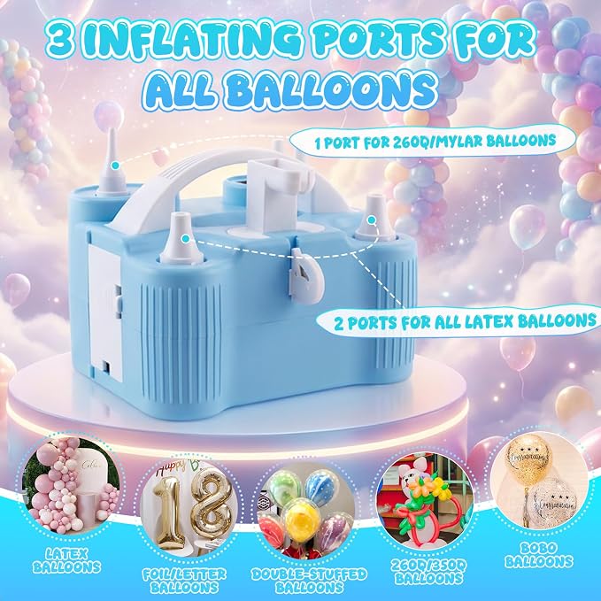 4-in-1 Electric Balloon Pump for All Balloons, Portable Triple Inflating Ports Air Pump, 600W High Power Balloon Blower for Latex Foil 260q Mylar Balloon, Air Beds Pool Float Sports Balls