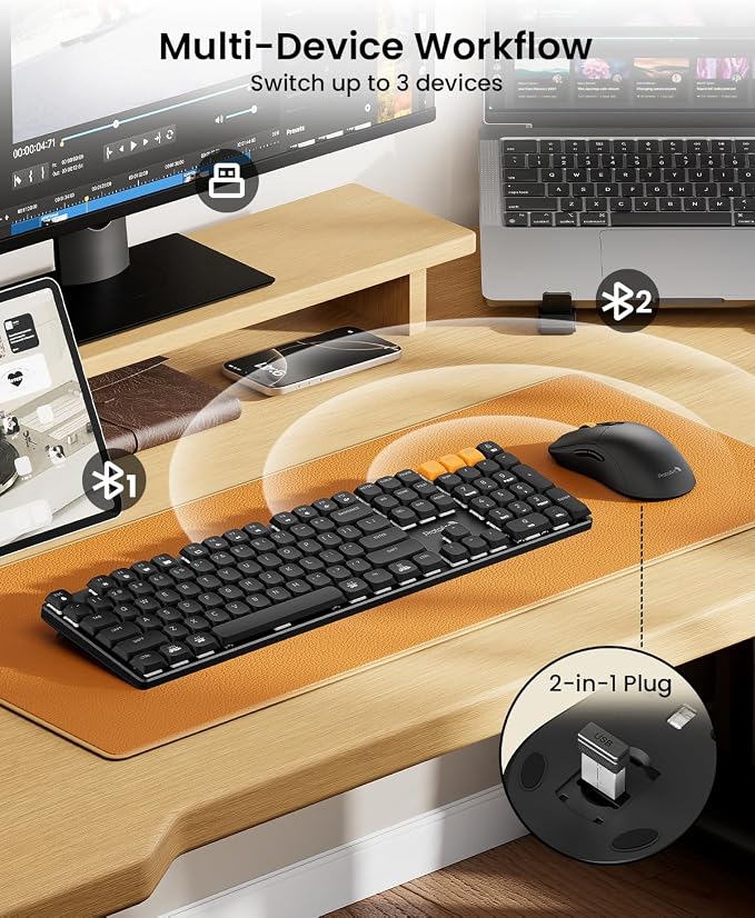 ProtoArc KM310 Mechanical Keyboard and Mouse, Wireless Rechargeable Aluminum Keyboard Mouse, 2.4G+Dual Bluetooth, Linear Red Switches, Multi-Device, No Backlight, for Windows/Mac - Black