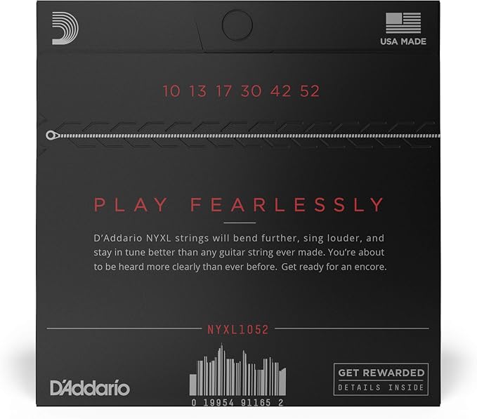 D'Addario Electric Guitar Strings, NYXL Nickel Plated, NYXL1052, Light Top/Heavy Bottom Gauge 10-52, 6-String Set, Pack of 1