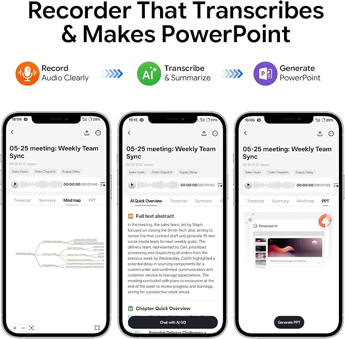 AI Voice Recorder with Real-Time AI Chat & Auto Transcribe – App-Controlled Audio Recorder with AI Noise Cancellation, One-Click to Generate PPT/Mind Map, 64GB Digital Note Taker for Meeting Lecture