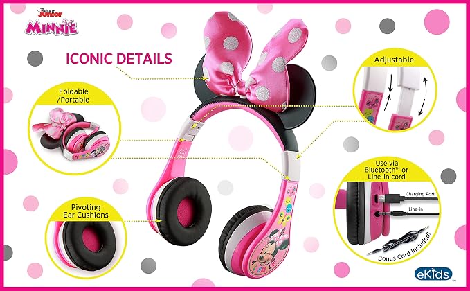 eKids Minnie Mouse Kids Bluetooth Headphones, Wireless with Microphone Includes Aux Cord, Volume Reduced Foldable Headphones for School, Home, or Travel, Pink