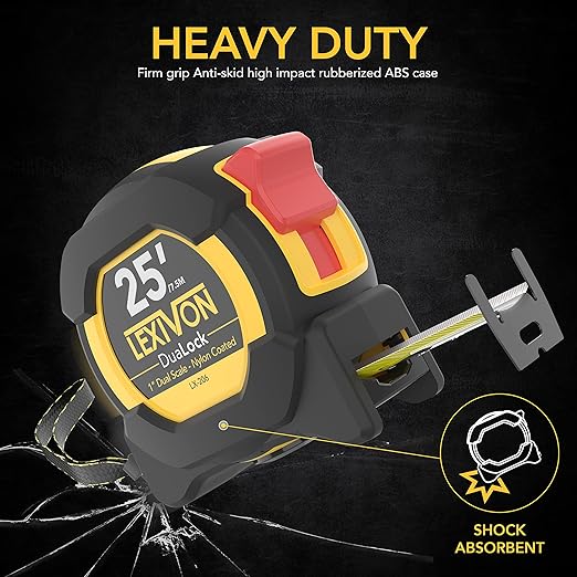 LEXIVON [2-Pack] 25Ft/7.5m DuaLock Tape Measure | 1-Inch Wide Blade with Nylon Coating, Matt Finish White & Yellow Dual Sided Rule Print | Ft/Inch/Fractions/Metric (LX-202)