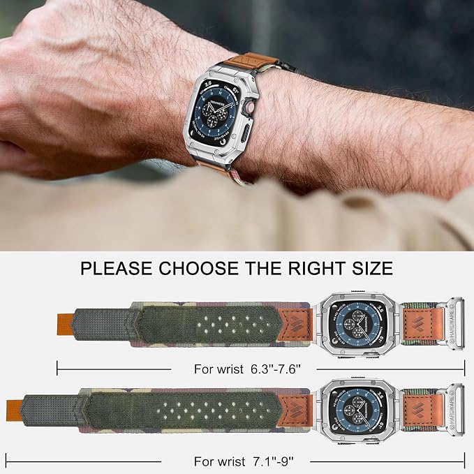 BAITEYOU Band with Case Compatible with Apple Watch Band 45mm Series 9 8 7, Nylon Strap with Stainless Steel Metal Rugged Case Cover for iwatch Bands for Men