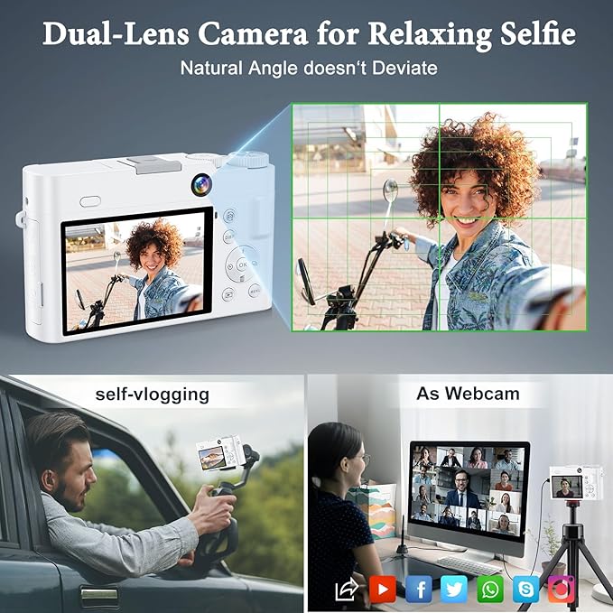 4K Digital Camera - 64MP Front & Rear with Autofocus & Anti-Shake, 3'' Selfie Vlogging Camera, Ultra Bright Flash, 16X Zoom (White)