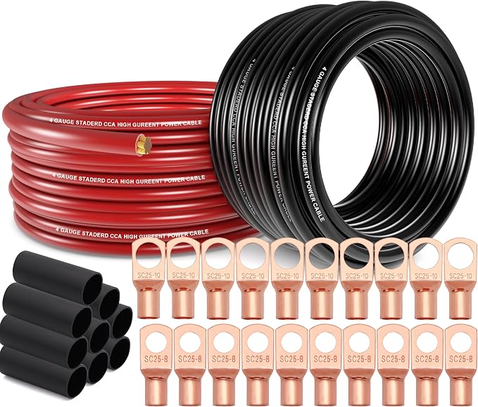 4 Gauge Wire (25ft Each - Red/Black) Copper Clad Aluminum CCA - Primary Automotive Wire,Car Amplifier Power & Ground Cable, 20PCS Lugs Terminal Connectors,20PCS 3:1 Heat Shrink Tubing