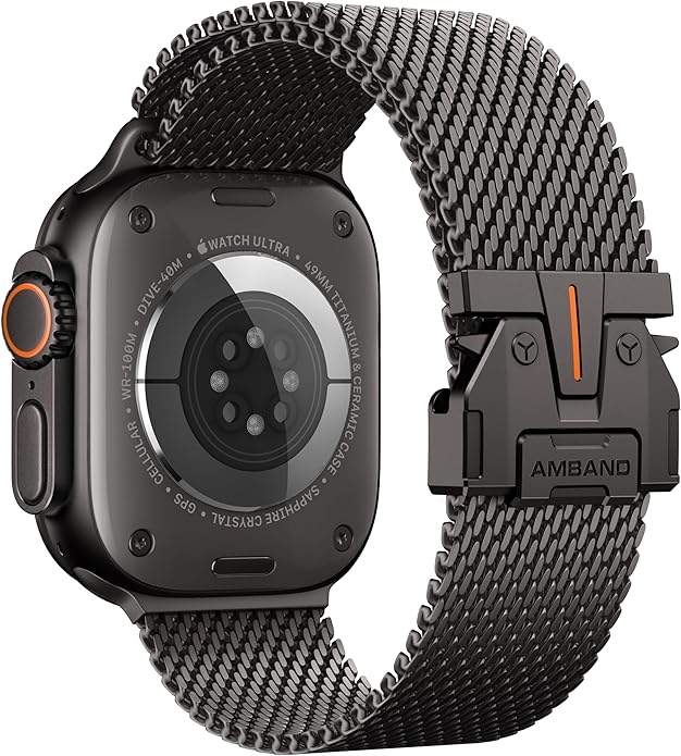 amBand Milanese Loop for Apple Watch Ultra 3/2/1 49mm, Stainless Steel Mesh with Secure Parachute-Style Buckle, Non-magetic Clasp, Breathable & Comfortable Luxury Band for Men