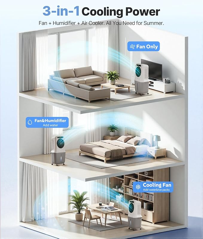 3-in-1 Evaporative Air Cooler - Portable Swamp Cooler Air Conditioner with 3 Modes & 3 Speeds, 6.6 Gallon Cold Air Cooler, Cooling Fans that Blow Cold Air for Home, Office, 2 Ice Packs