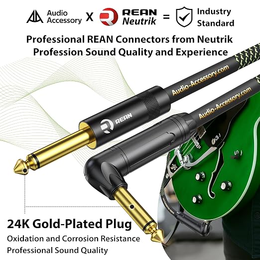 AA AUDIO ACCESSORY Pro Series Guitar Cable 6 ft, Gold-Plated Neutrik REAN Connector, 18 AWG 99.99% OFC, Low Capacitance Straight to Right Angle 1/4 Inch Instrument Cable for Fender Ernie Ball Mogami