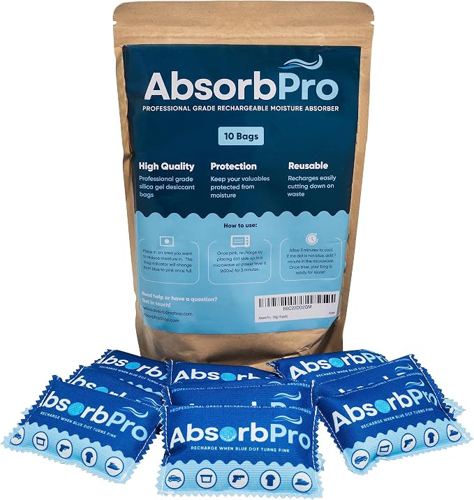 Absorb Pro Rechargeable Dehumidifier Bag 10-Pack - 100g Reusable Moisture Absorbers - Silica Gel Packets for Bins, Totes, Gun Safe, Food Storage, Clothes, Cars, and Boats