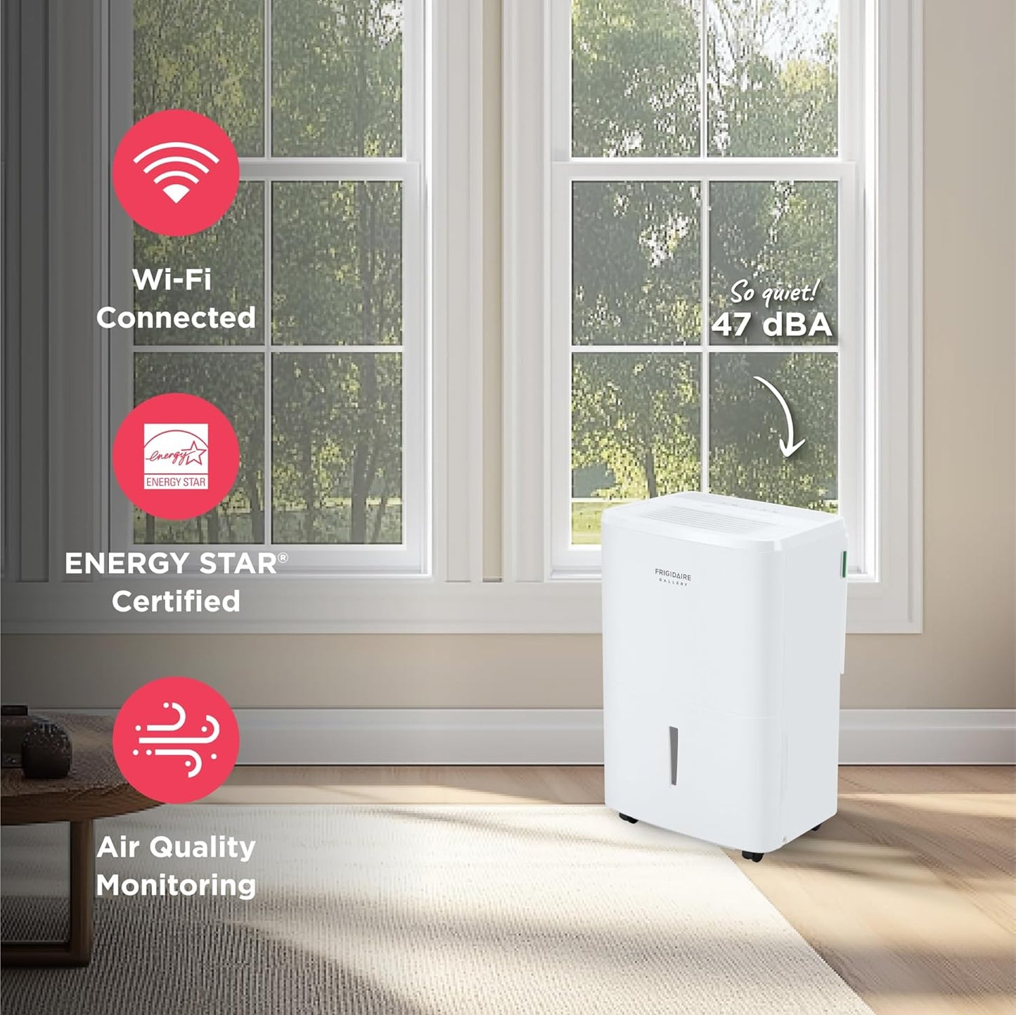 Frigidaire Gallery 2-in-1 50-Pint Portable Dehumidifier with Wi-Fi, Energy Star Certification & Air Quality Monitoring for Medium/Large Rooms & Basements, Custom Humidity Control, Auto Shut Off, White