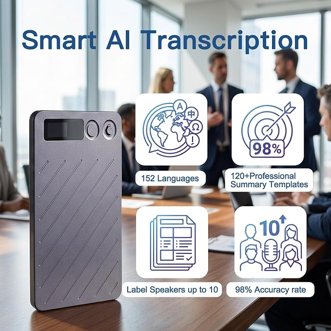 AI Voice Recorder (64GB) – Real-Time Transcription & Summarization | 152 Languages, Noise Cancellation & App Control for Meetings, Lectures, Interviews & Calls