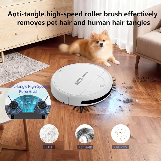 Robot Vacuum Cleaner, 3000Pa Powerful Suction, 2.56-inch Ultra-Slim Body, 120-Minute Long Battery Life, Quiet Operation, Smart Navigation, Suitable for Hard Floors/Low-Pile Carpets/Pet Hair- (White)