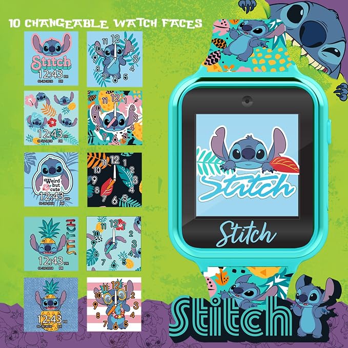Disney Stitch Kids Smartwatch with Touchscreen, Camera, Games, Timer, Step Counter, Alarm & Calculator – Fun Interactive Watch with 10 Faces & Printed Silicone Strap – Fits Wrists 5.5" to 8"