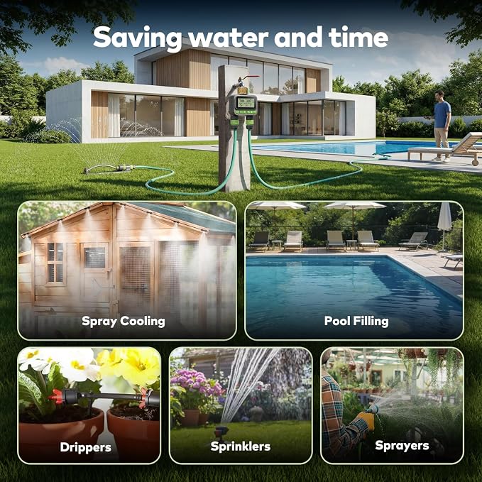 Remote Control Sprinkler Timer for Outdoor Hose Faucet 2 Zone, Smart Water Timer for Garden Hose, Sprinkler Controller with Rain Delay/Manual Watering/Automatic Irrigation for Yard Lawn (Brass Inlet)