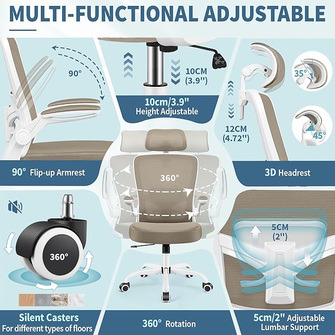 FelixKing Office Chair, Desk Chair with Adjustable Lumbar Support, Ergonomic Computer Chair with High Back and Armrest, Adjustable Height Gaming Chair Home Office Swivel Chair(Khaki)