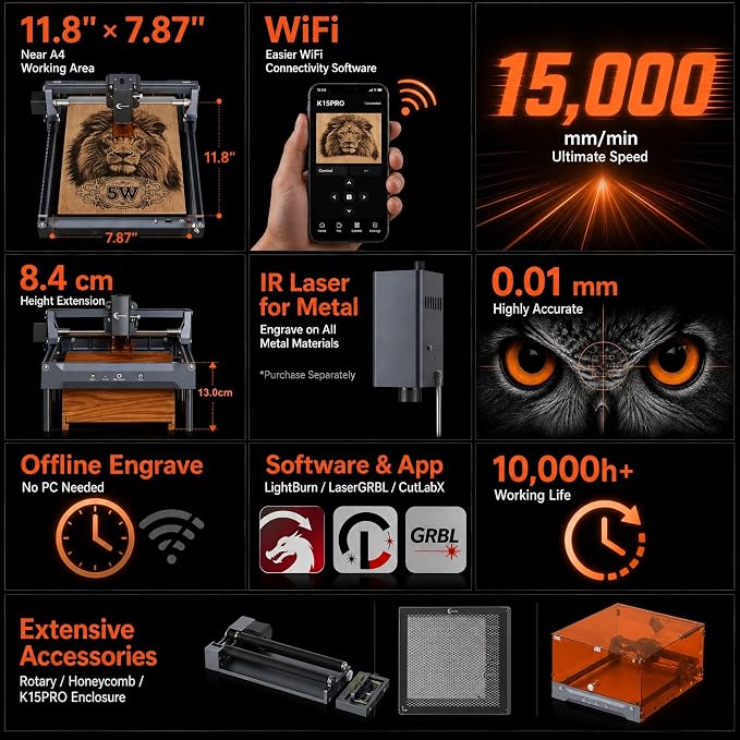 K15 Pro 7w Laser Engraving Machine with App Control, 7.87''×11.81''(Near A4) Work Area, Laser Engraver for DIY CNC, Crafts, Wood, Acrylic, Leather, Stone, 7000mW,Class 1
