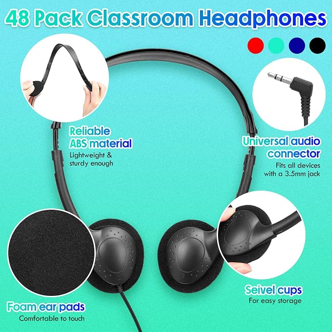Frienda 48 Pack Classroom Headphones Bulk, Wired School Headsets for Students, Stereo Headphones with 3.5 mm Plug for Classroom, Online Learning, Library(Classic,Navy, Black, Red, Cyan)