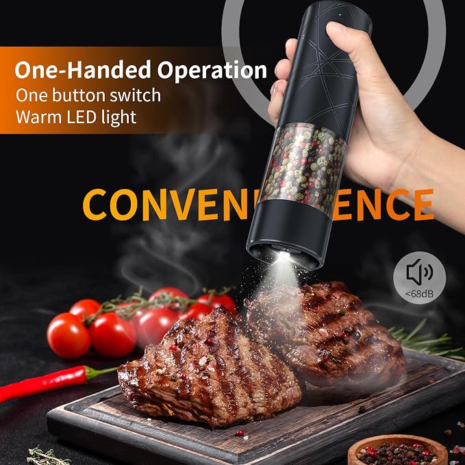2Pack Electric Salt and Pepper Grinder Set USB Rechargeable with Warm LED Light, Adjustable Coarseness Lidaop Large Capacity Automatic Salt Pepper Mill Shakers for Kitchen, Restaurant, Upgrade Black