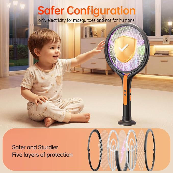 Rotating Head Electric Fly Swatter, 2800V Bug Zapper with Telescopic Extension, 3-in-1 Rechargeable Mosquito Racket for Handheld/Standing/Wall Mount Use - Indoor Outdoor
