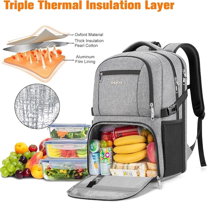 Insulated Lunch Backpack Fit 17" Laptop, Work Backpack with Lunch Box for Men & Women, Water Resistant College Computer Bag for Travel, Business, Hiking