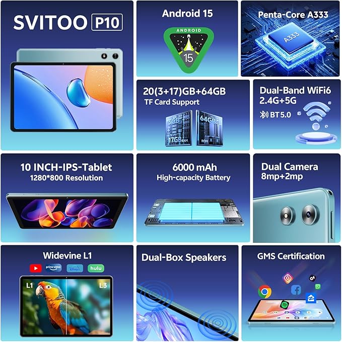 SVITOO Android Tablet 10 Inch, Android 15 Tablet for Kids Adults, 20GB RAM 64GB Storage 1TB Expandable, Dual Cameras 8MP 2MP, 6000mAh Dual Speakers WiFi 6 Blue