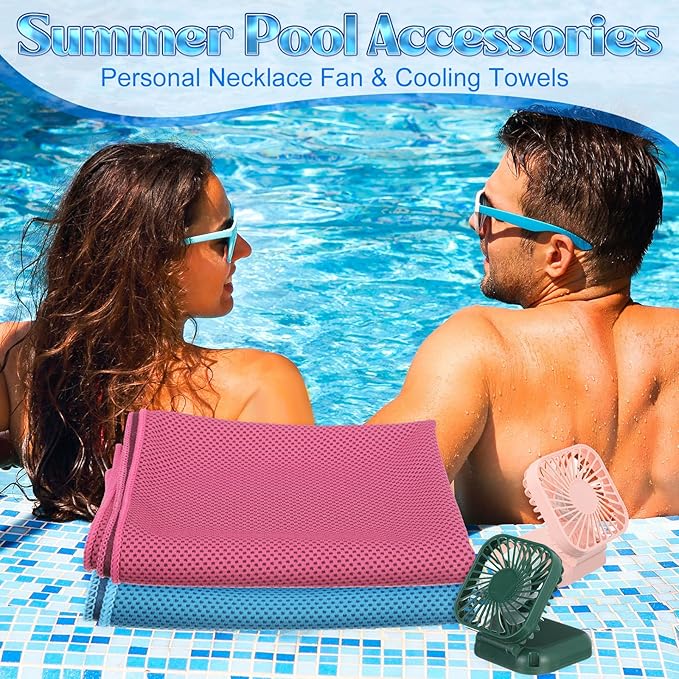 Hortsun 12 Personal Necklace Fan 12 Cooling Towels USB Rechargeable Battery 3 Speed Handheld Fan Portable Neck Hanging Fans Cooling Rags Bulk for Yoga, Sport, Camping, Fitness(Dark Color)