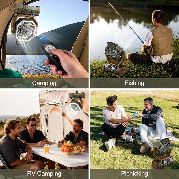 Odoland 30000mAh Camping Fan with LED Lantern, Rechargeable Battery Operated Oscillating with Remote Hook, Portable Tent Fan with Timer, 4 Speeds for Outdoor RV Jobsite Power Outage, Brown