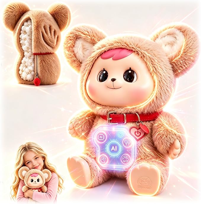 AI Powered Plush Bear Interactive Toy American Smart Voice Chat Human Like 91 Languages Communicable Companion Stuffed Animal Doll for Kids Learning Gift
