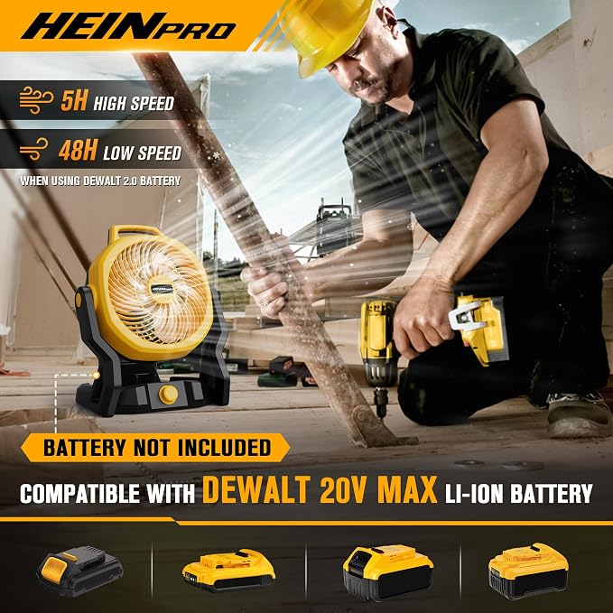 HEINPRO Portable Fan Battery Powered, Compatible with Dewalt 20V Max Battery, 650CFM Camping Travel Fan with Variable Speed, Silent Low Noise, for Workshop Garage Jobsite Use, AC Adapter Included