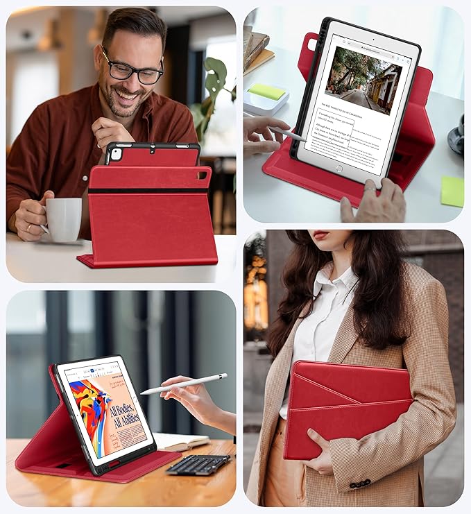 DTTO for iPad 6th / 5th Generation 9.7 Inch (2018/2017), iPad Air 2 / Air 1 Case, 360 Degree Rotating Premium Leather Folio Stand Cover with Pencil Holder, Red