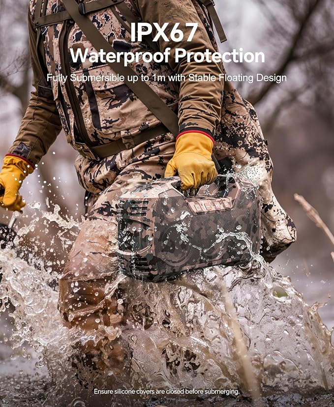 IPX7 Waterproof Outdoor Bluetooth Speaker, Wireless, 90W(Peak), 32H Playtime, Floating Design, Deep Bass & Loud Stereo Sound, Portable with Handle, Rugged for Pool, Beach, Kayaking, Hiking, Camo