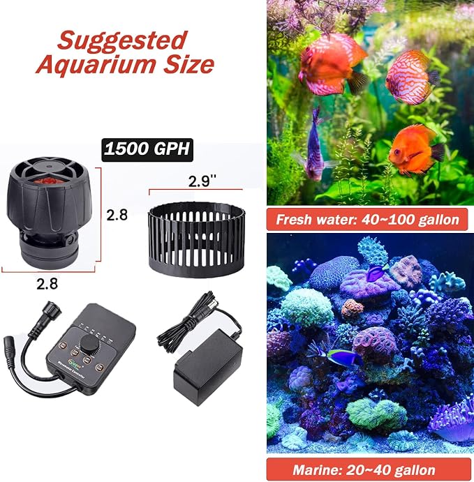 hygger Adjustable Flow Aquarium Wave Maker 24V DC Quiet Magnetic Powerhead Pump with Controller Fish Guard, 1500 GPH Fish Tank Wavemaker for 20-100 Gallon Saltwater Freshwater Aquariums