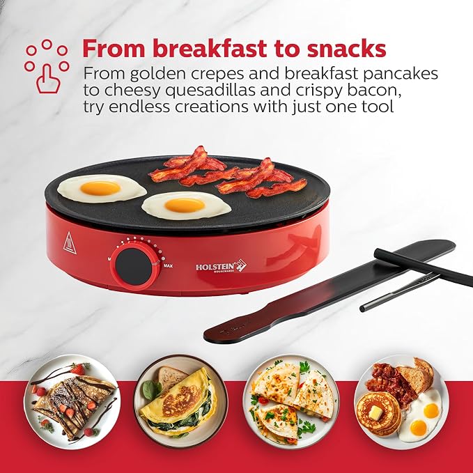 Holstein Housewares 12” Crepe Maker - Adjustable Temperature Control - Nonstick Griddle for Versatile Cooking of Crepes, Quesadillas, Pancakes, Eggs, Bacon & More - Easy to Clean - Indicator Lights