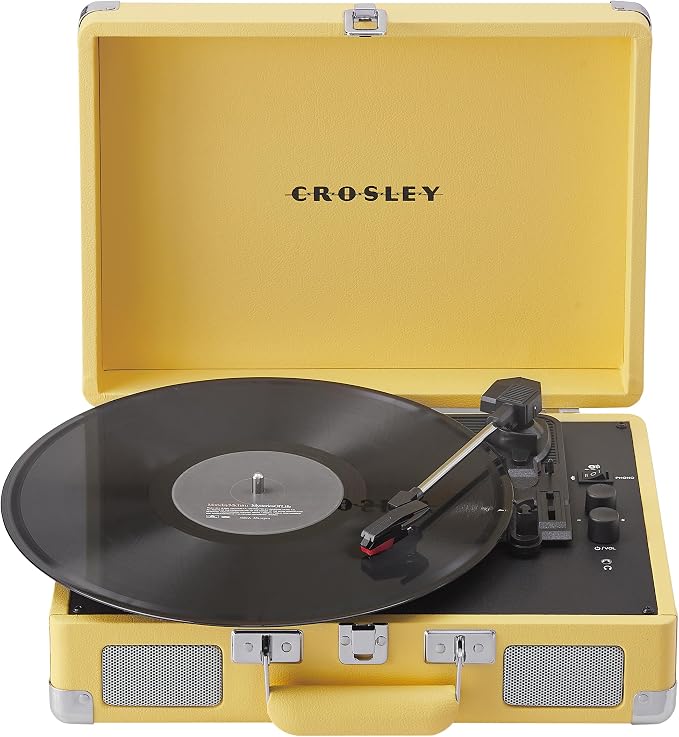 Crosley CR8005F-LY Cruiser Plus Vintage 3-Speed Bluetooth in/Out Suitcase Vinyl Record Player Turntable with Built-in Speakers, Lemon Yellow