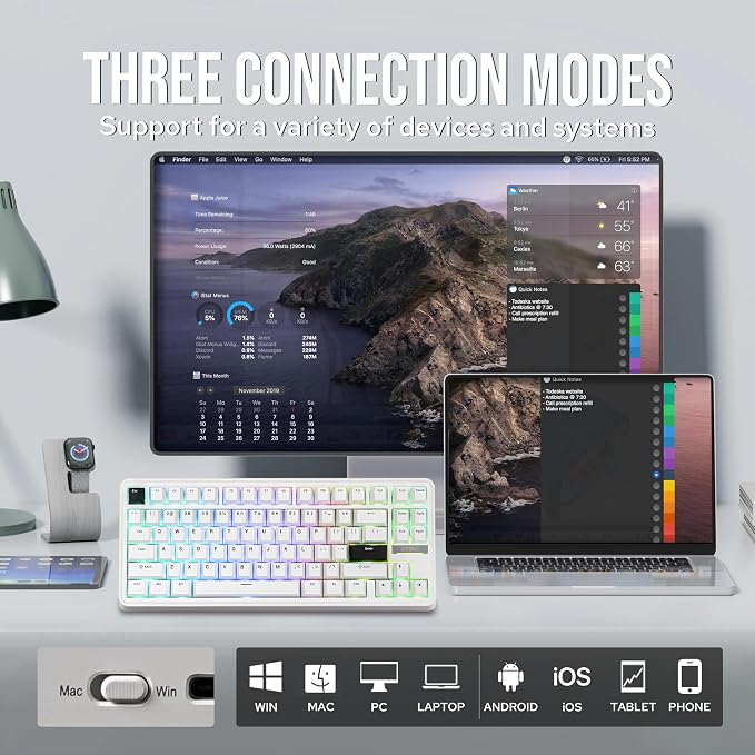 EPOMAKER TH85 QMK/VIA Wireless Gaming Keyboard, BT5.0/2.4GHz/USB-C, Hot Swappable Pre-lubed Custom Milk Blue Tactile Switches, Gasket Creamy Keyboard for PC/Mac/Office/Gaming (White)