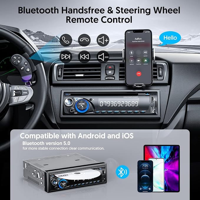 Car Radio Bluetooth with CD DVD Player, Wistrue Single Din FM/AM Car Stereo with CD Player, Support 2 USB/SD/AUX/7 Colors/Fits 9-24V Vehicles