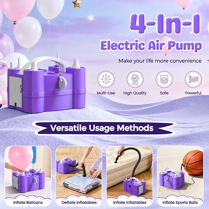 Keaibuding Electric Balloon Pump, 4-in-1 Balloon Blower with Triple Inflating Ports for All Balloons, Air Pump for Sports Balls, Inflator& Deflator for Inflatables (Dust-Proof Storage Bag Included)