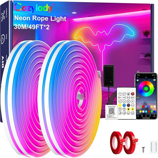 Cozylady RGB Neon Light LED Rope Light,Waterproof Bluetooth APP Remote Control Music Sync Strip Light,24V Flexible DIY Silicone Light for Bedroom Home Indoor Outdoor Decoration(30m/100ft)