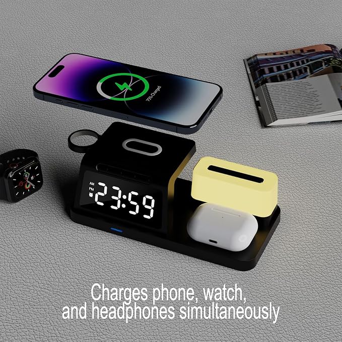 3-in-1 Wireless Charging Station with Digital Clock & Night Light, 15W Fast Qi-Certified Charger for Phones, Smartwatches & Earbuds | Charges 3 Devices Simultaneously, HT309 Black.