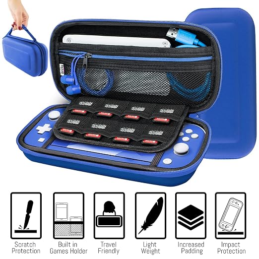 Orzly Switch Lite Accessories Bundle - Case & Screen Protector for Nintendo Switch Lite Console, USB Cable, Games Holder, Comfort Grip Case, Headphones, Thumb-Grip Pack & More (New Blue)