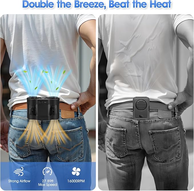 POPERFUN 42H Portable Waist Fan, 28000mAh Rechargeable Wearable Belt Fans, 16000 RPM Cooling Neck Body Powerful Shirt Personal Cooling Fan for Outdoor Jobsite Camping Travel in Black