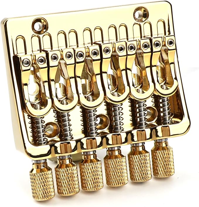 Zinc Alloy Headless Electric guitar Bridge，6 String Fixed Bridge - String Spacing 10.5mm(13/32")，Fits for 6-String Headless Electric Guitar Replacement Parts（Gold）