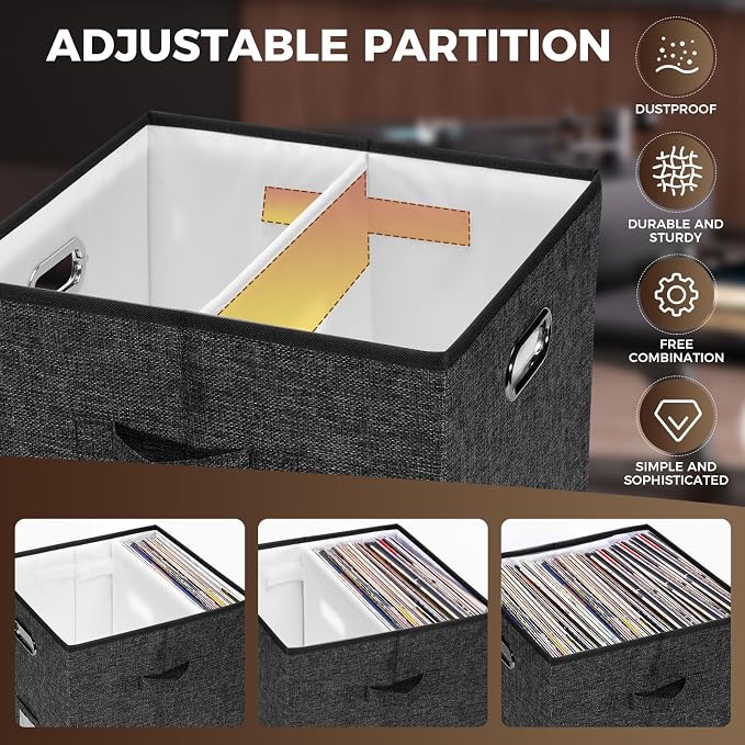 Vinyl Record Storage Box Set of 2 - Album Storage Holds 100+ Single Records, Decorative LP Storage Organizer Crate with Lid, Sturdy Moving Boxes for Vinyl, Easy to Carry and Organize Your Music Album